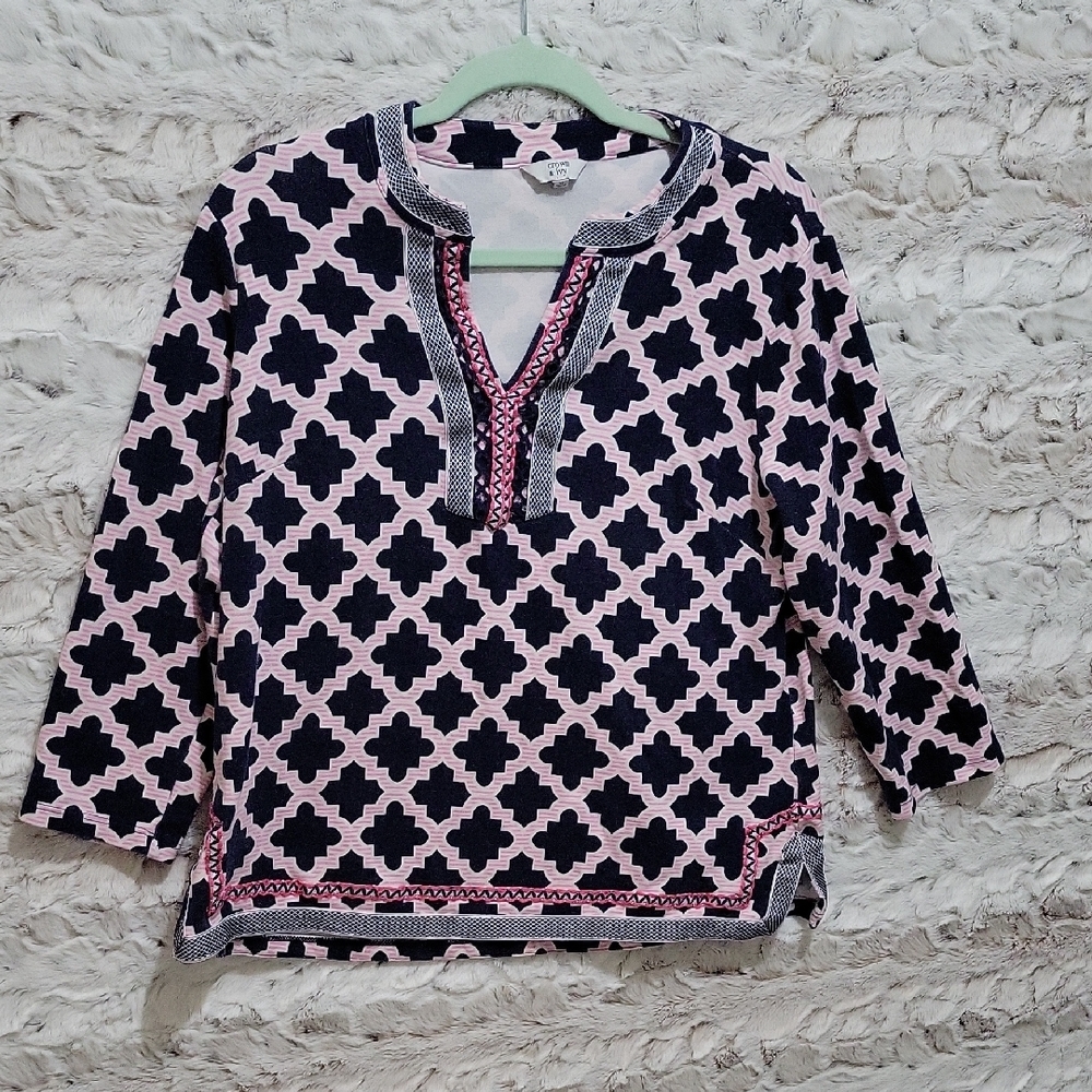Crown & Ivy Jersey Knit Tunic Top Navy And Pink Geometric Sz M, Preppy, Artsy
